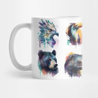 Asian animal set painted with watercolors on a white background in a realistic manner. Mug